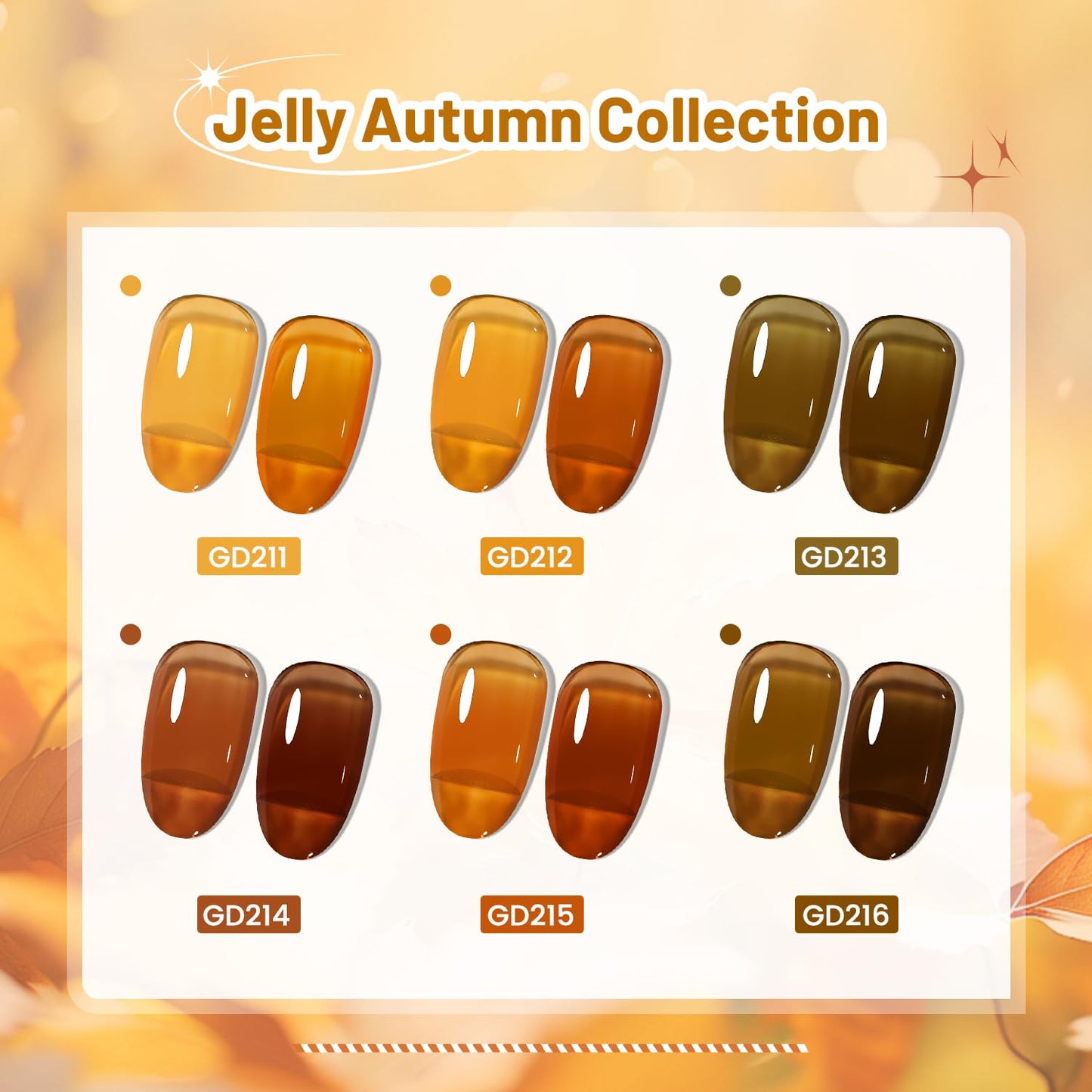 JODSONE 6 Colors Gel Nail Polish Set Fall Collection Jelly Effect Soak Off Need U V LED Gel Polish Set Autumn Mauve Brown RedSalon-Quality DlY Home Manicure