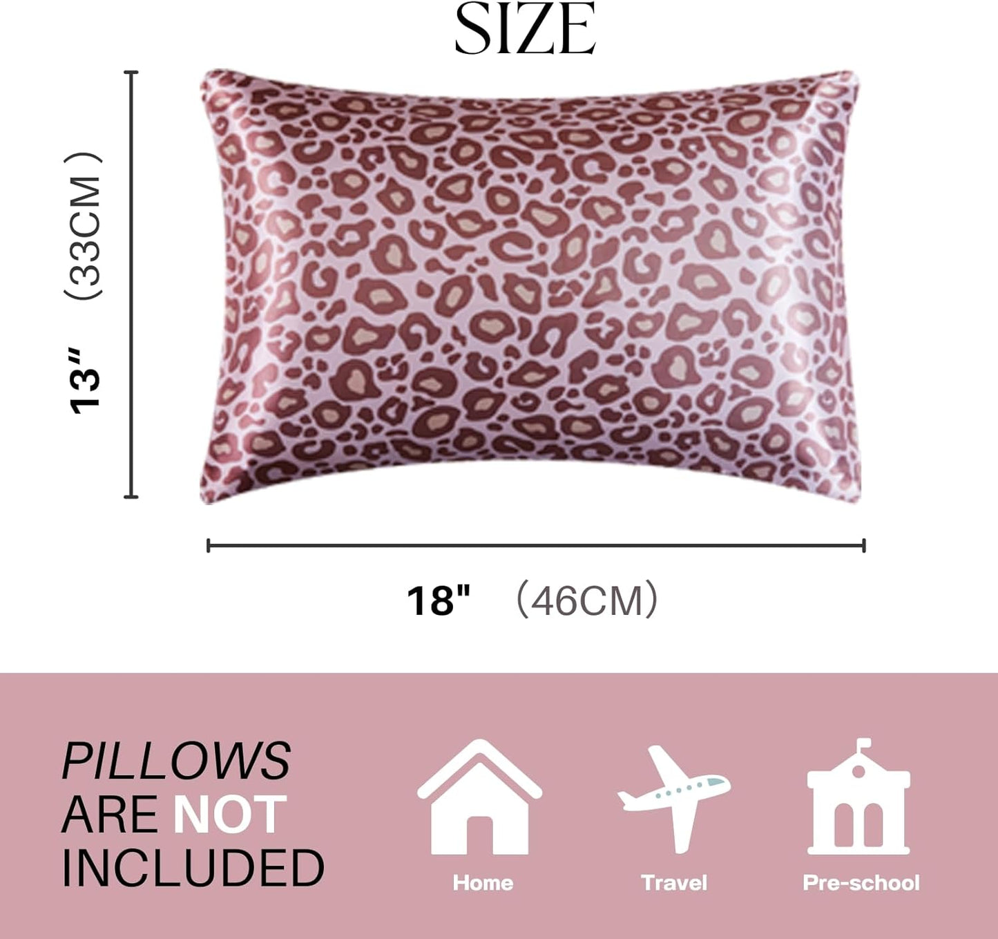 Silky Satin Toddler Pillowcases Pack of 2, 13x18 Inches Pink Leopard Travel Pillowcases with Envelope Closure, Small Kids Pillow Cases Covers