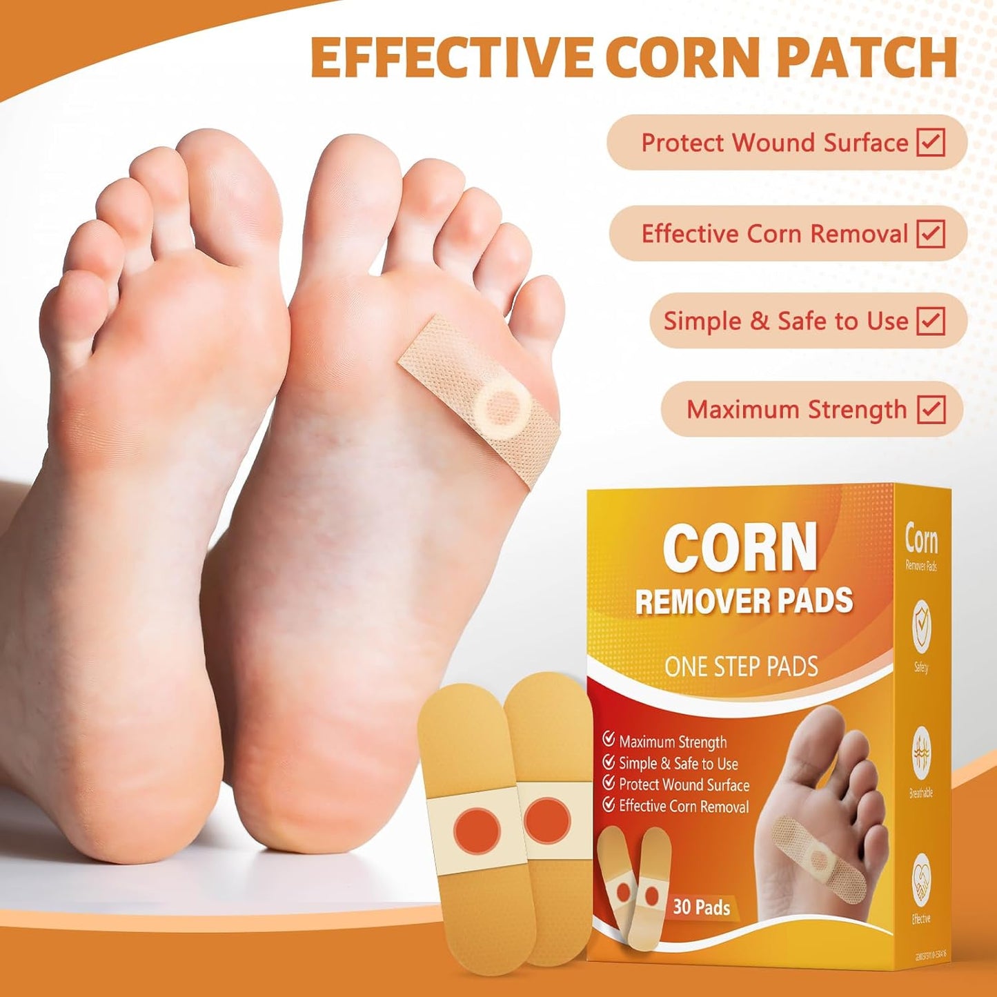 Corn Remover Pads for Feet & Toes - 30 Medicated Patches with 40% Salicylic Acid | Extra Strength Callus Treatment for Small Corns & Calluses, All-Day Adhesive Protection for Active Adults
