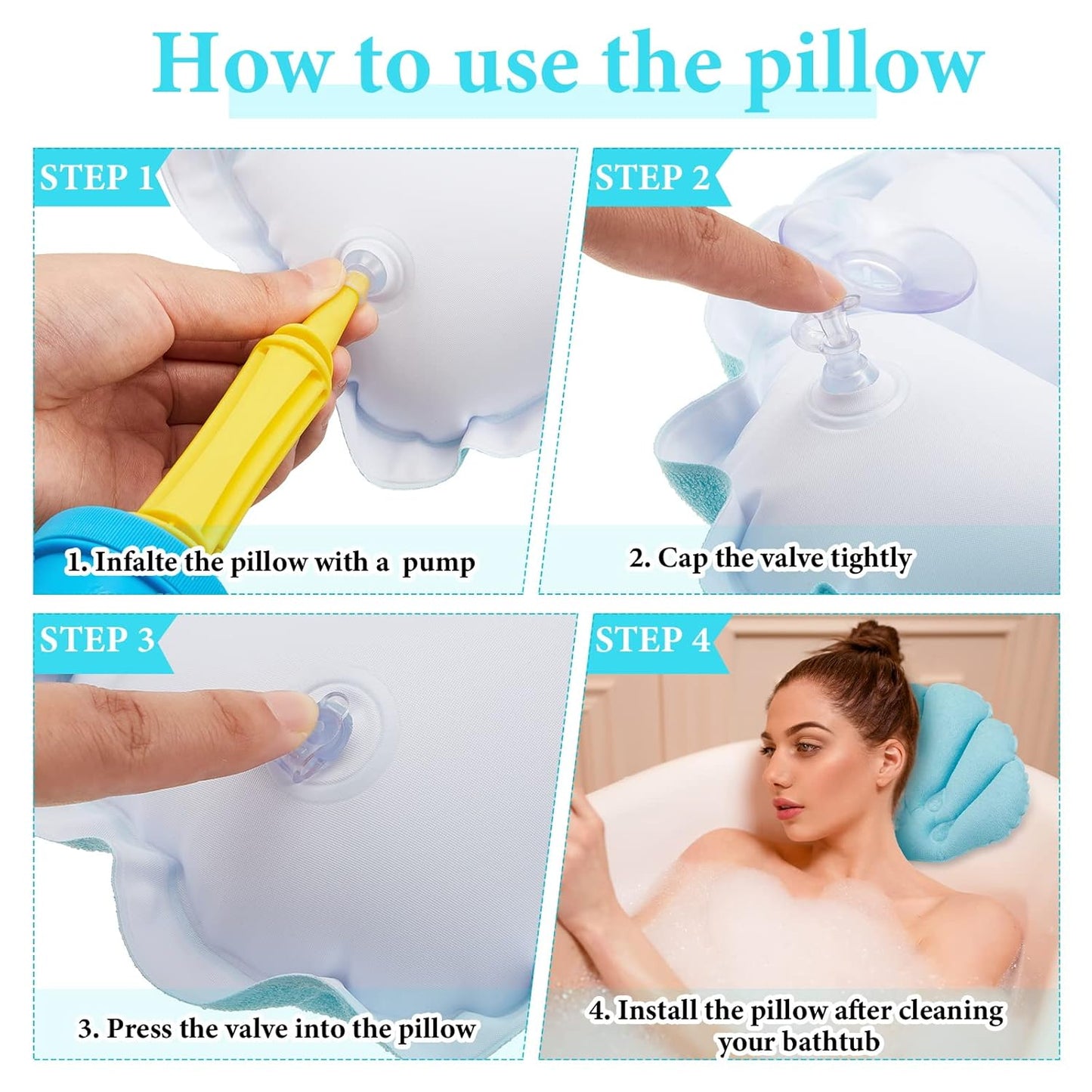 Jetec 2 Pcs Inflatable Bath Pillow with Suction Cup Bathtub Spa Pillow Neck Support Supplies Shell-Shaped Soft Inflatable Cushion Large Small Size Fits All Tub Pool Bath and Bathroom(Blue)