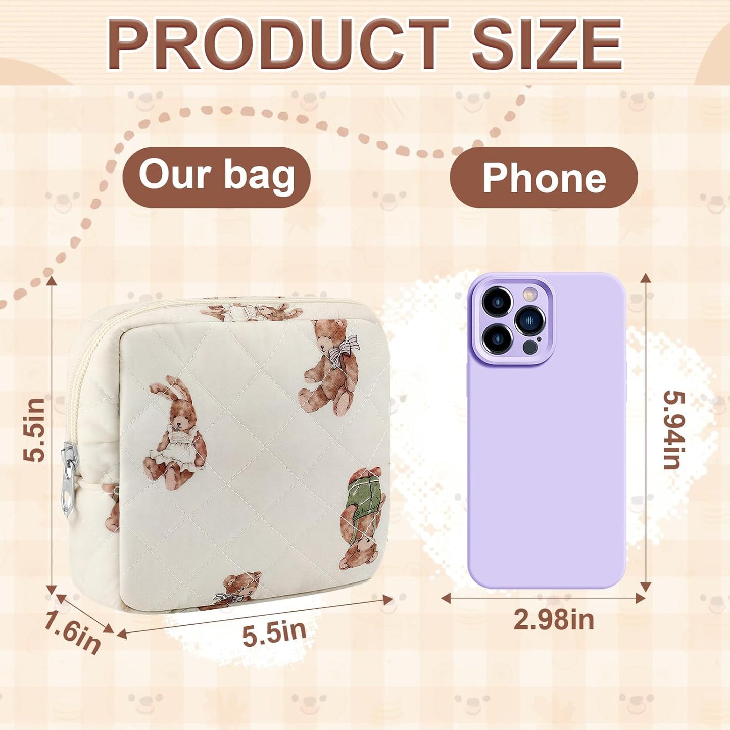 Small Quilted Cotton Makeup Bag for Purse Mini Cosmetic Period Bag for Women Cute Small Bear Makeup Sanitary Pouch Portable Travel Toiletry Bags with Zipper Slip in Pockets Birthday Gifts