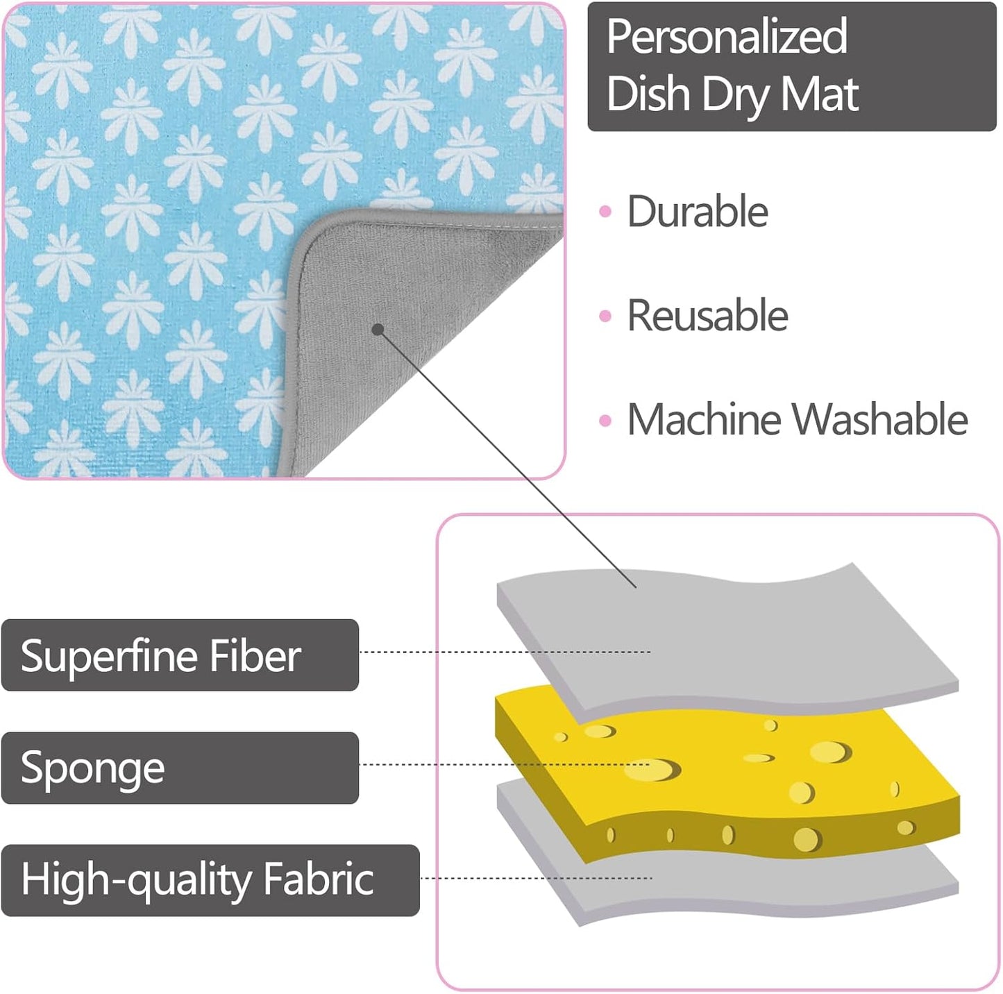 SHIYUE Dish Drying Mat for Kitchen Counter Super Absorbent Spring Kitchen Decor Microfiber Drying Matainers Rack Fast Pad Dish Drainer Mats(Light Blue Flower,18''x24'')