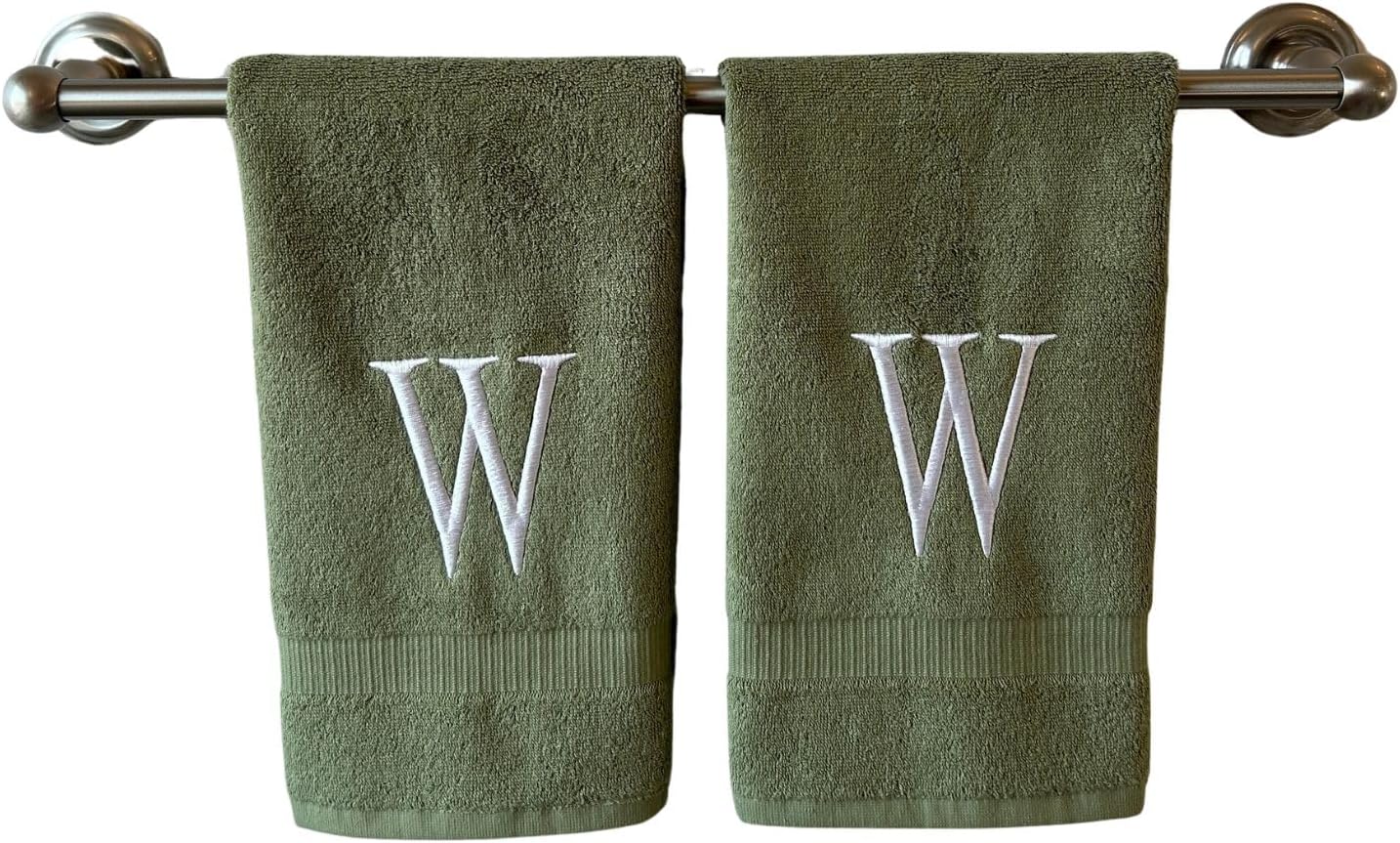 Sage Initial Hand Towel for Bathroom - Monogrammed Luxury Hotel Quality Decorative Embroidered Towel for Powder Room, Spa - GOTS Organic Certified - Set of 2 Letter W