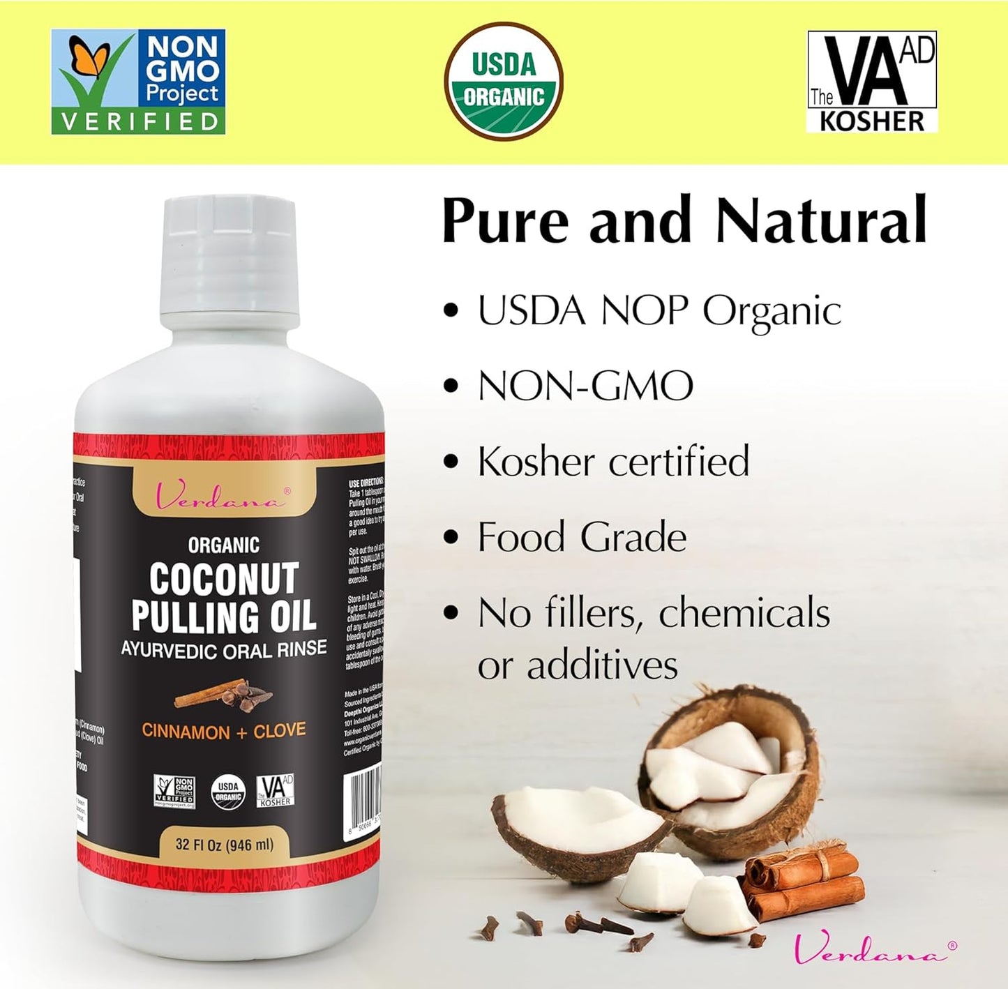 Verdana Organic Oil Pulling Mouthwash – 32 oz Cinnamon & Clove – USDA Organic Coconut Oil Rinse for Teeth & Gums – Alcohol-Free, Fluoride-Free Natural Mouthwash for Fresh Breath & Gum Health