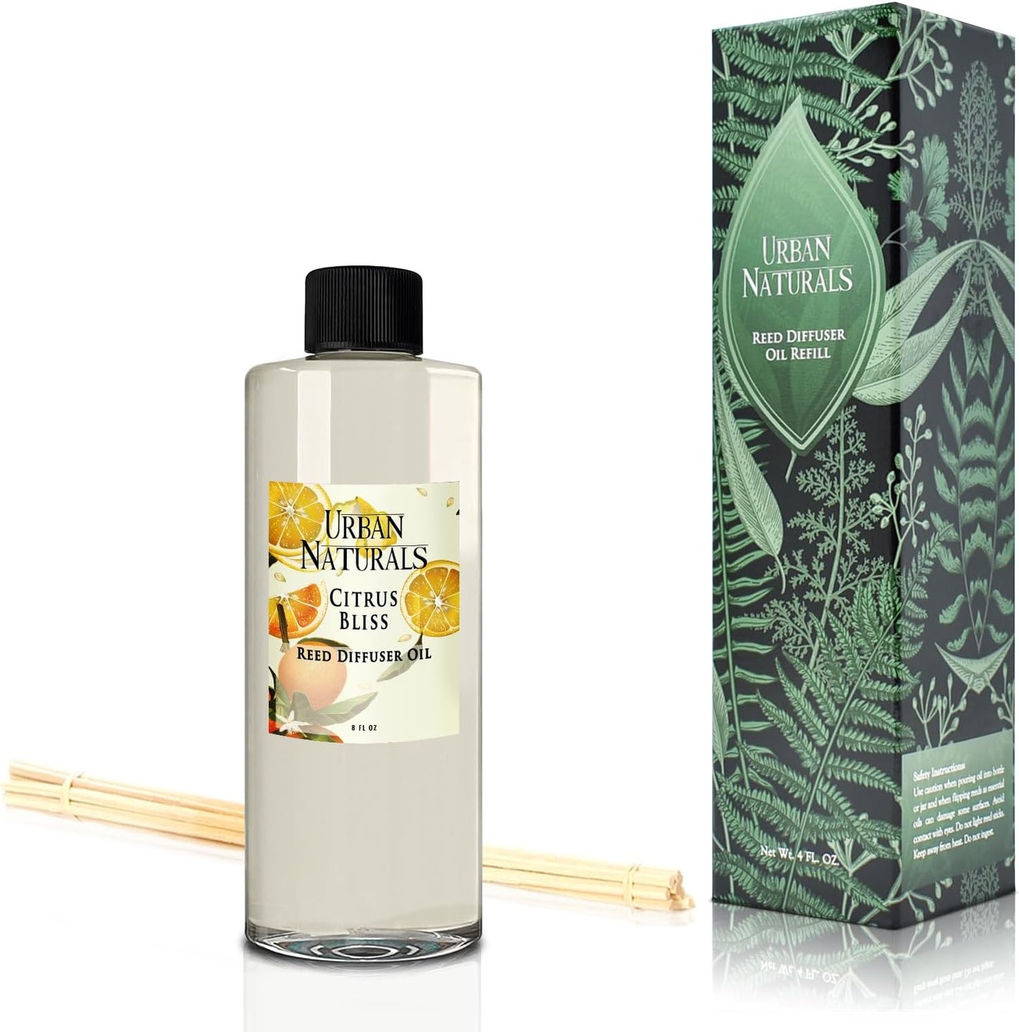Urban Naturals Reed Diffuser Oil Refill Citrus Bliss with Mandarin, Grapefruit, Lemon Water, Clementine, Green Notes 8 oz + Free Reed Sticks, Made in The USA