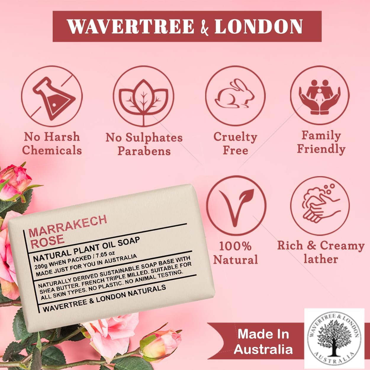 Wavertree & London Marrakech Rose Scented 100% Natural Soap Bar, 7oz Moisturizing French Triple Milled Soap Bar for Women & Men enriched with shea butter - Pure Bath & Body soap bar