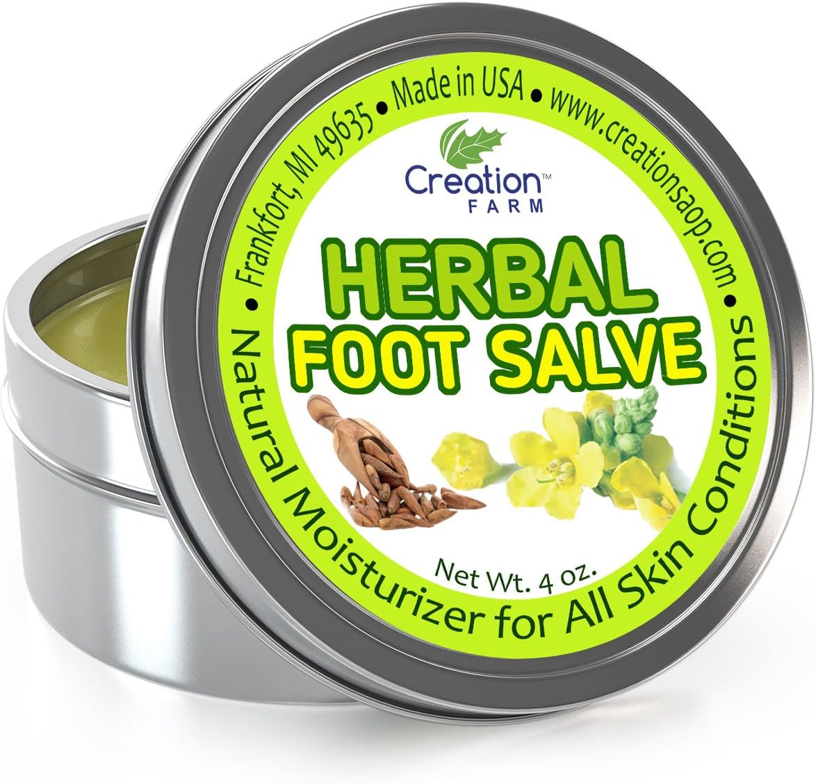 Foot Salve - Large 4 Oz Tin of Herb Foot Balm Cream Ointment - Mejor cuidado de Los pies With Peppermint & Tea Tree by Creation Farm