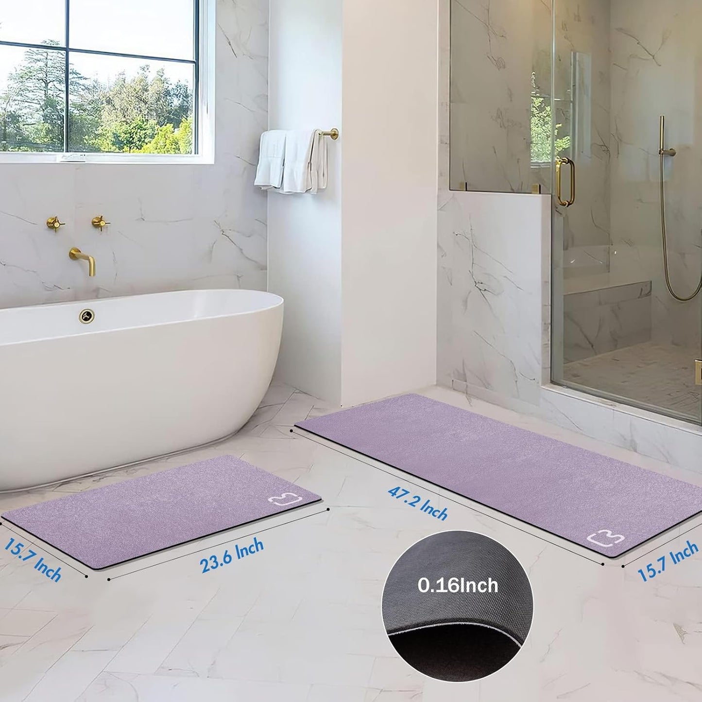 2 Piece Bathroom Rugs Mat Set - Quick Dry Diatomaceous Earth Bath Mat for Bathroom Non-Slip Bath Rug with Rubber Backing, Absorbent Bath Mat Thin Bath Floor Mat, 15.7x23.6+15.7x47.2 Inch, Lavender