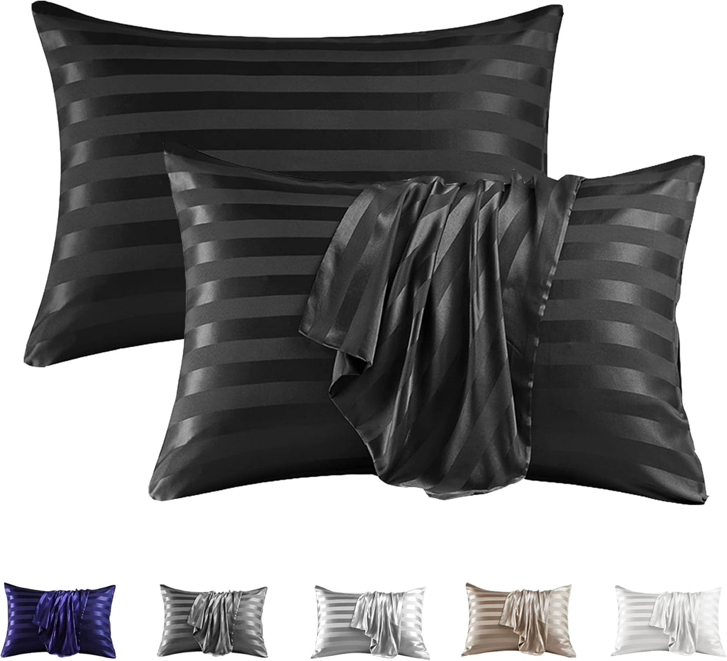 MR&HM Satin Pillowcase for Hair and Skin, Silk Satin Pillowcase 2 Pack, King Size Pillow Cases Set of 2, Silky Pillow Cover with Envelope Closure (20x36, Black Striped)