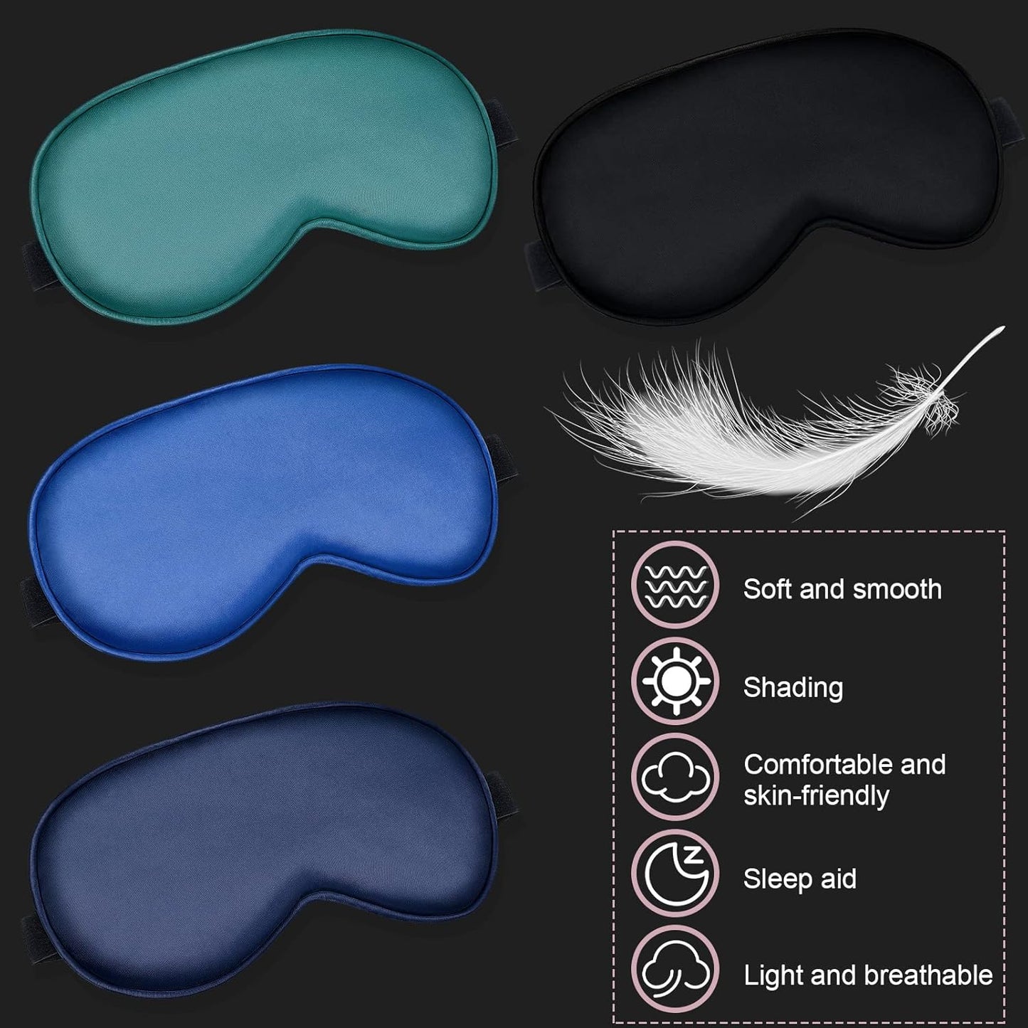 BBTO 4 Pcs Silk Sleep Eye Masks Smooth Soft Satin Eye Covers with Adjustable Strap Blindfold for Sleeping Blocking Out Lights Travel Relaxation (Royal Blue, Dark Green, Navy Blue, Black)