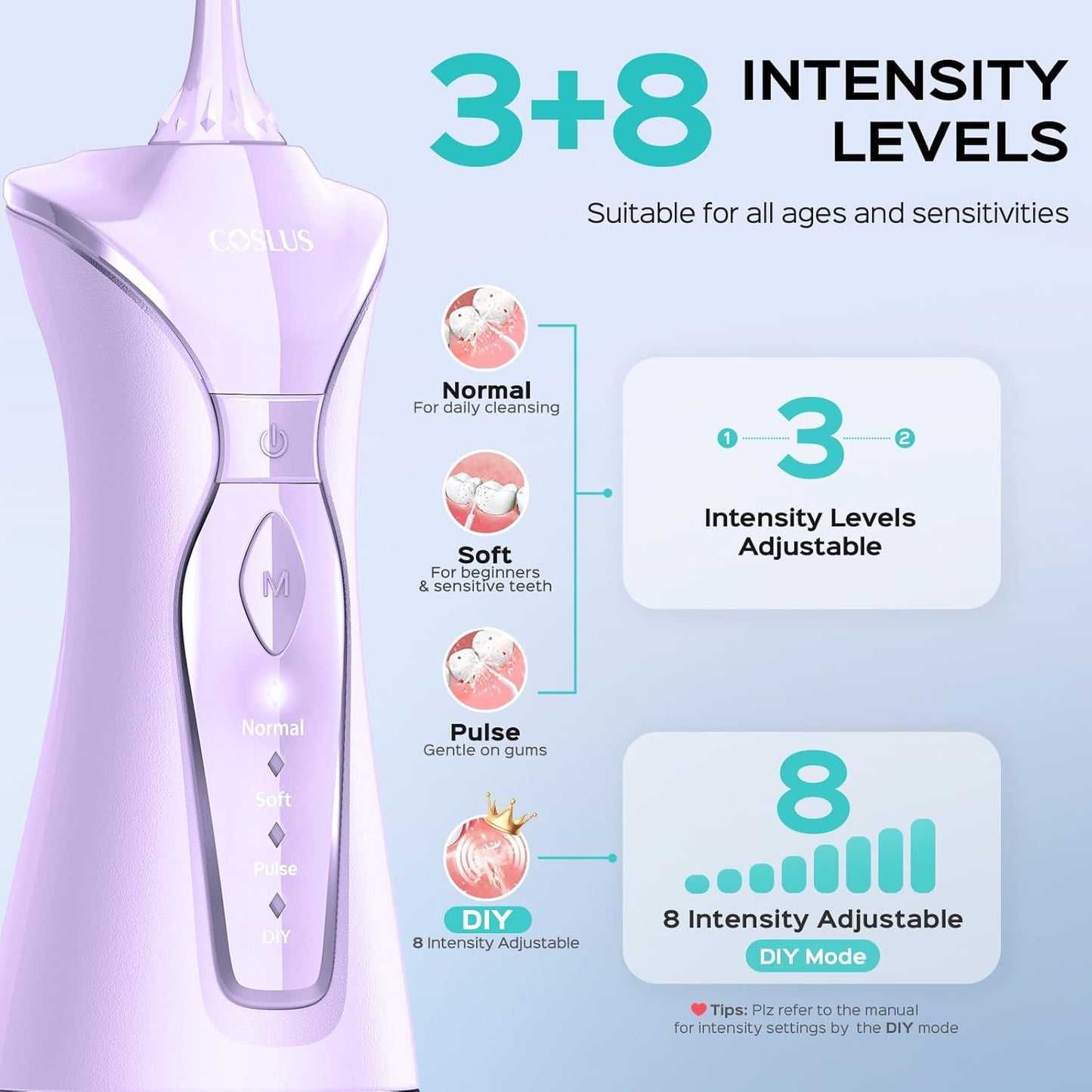 COSLUS Water Dental Flosser Pick for Teeth: 4 Modes Cordless 300ML Larger Tank Portable Water Teeth Cleaner Picks IPX7 Waterproof Flossing Machine for Home Travel Purple C30(FC5360)