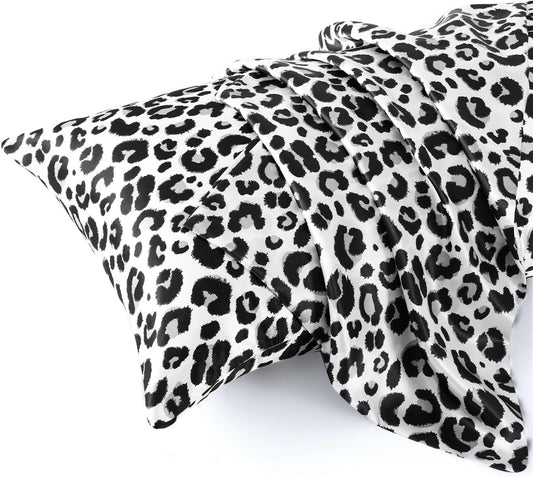 MR&HM Satin Body Pillow Cover, Soft and Breathable Body Pillow Case with Envelope Closure, Cooling and Silky Long Pillowcase for Hair and Skin,Grey (20x54, White Leopard)