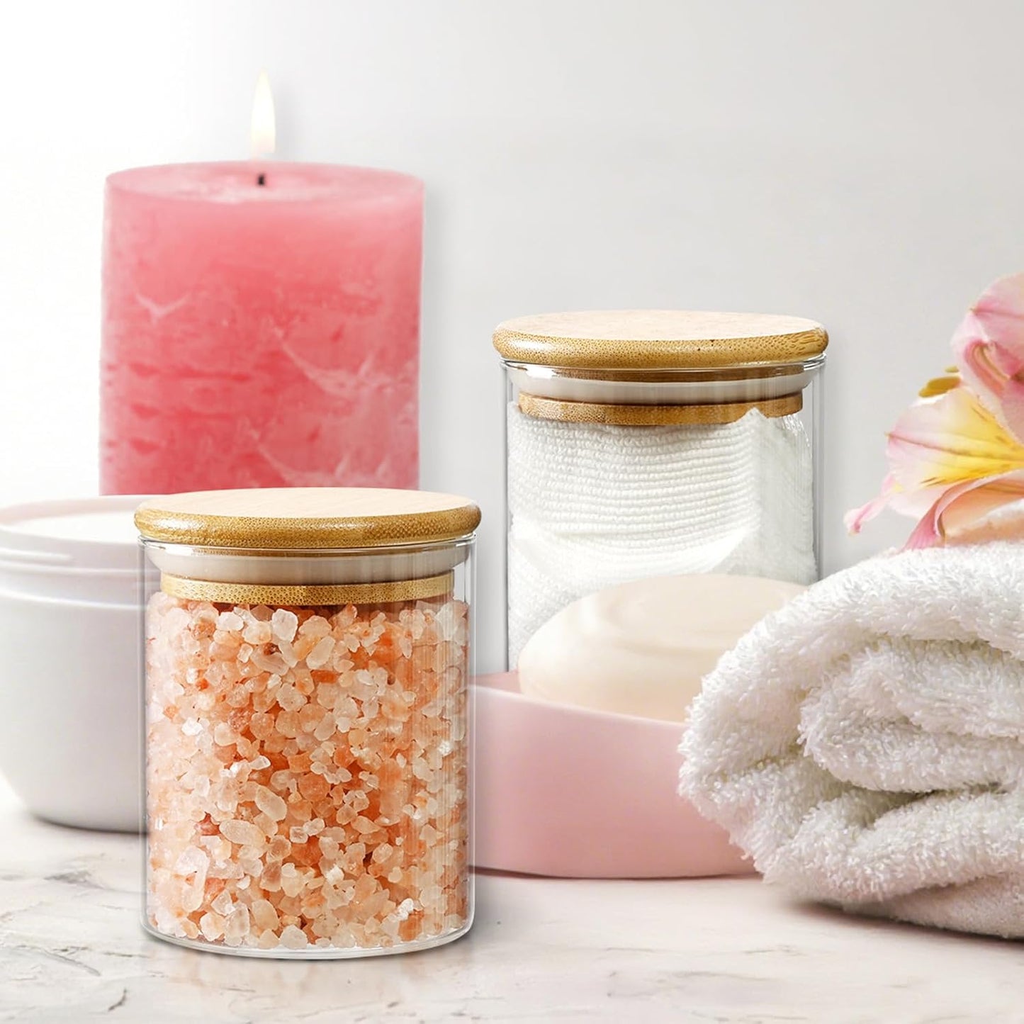 Qtip Holder Dispenser with Bamboo Lid, Glass 2 Pack Apothecary Jars with Lids, Cotton&Swab Apothecary Jars, Qtip Holder Bathroom Set for Countertop Bathroom Essentials Accessories Decor