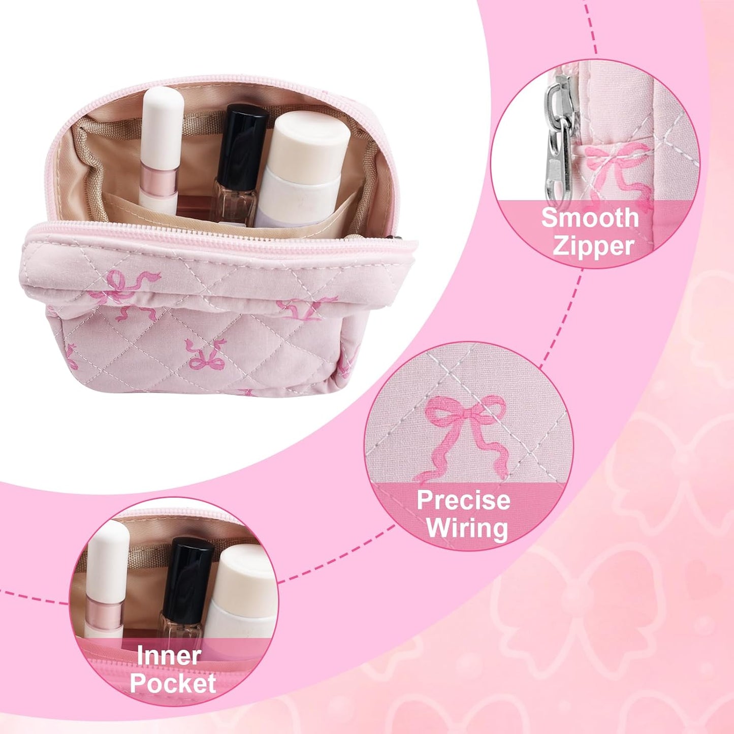 Small Quilted Cotton Makeup Bag for Purse Mini Cosmetic Period Bag for Women Cute Pink Bow Ribbon Makeup Sanitary Pouch Portable Travel Toiletry Bags with Zipper Slip in Pockets Birthday Gifts