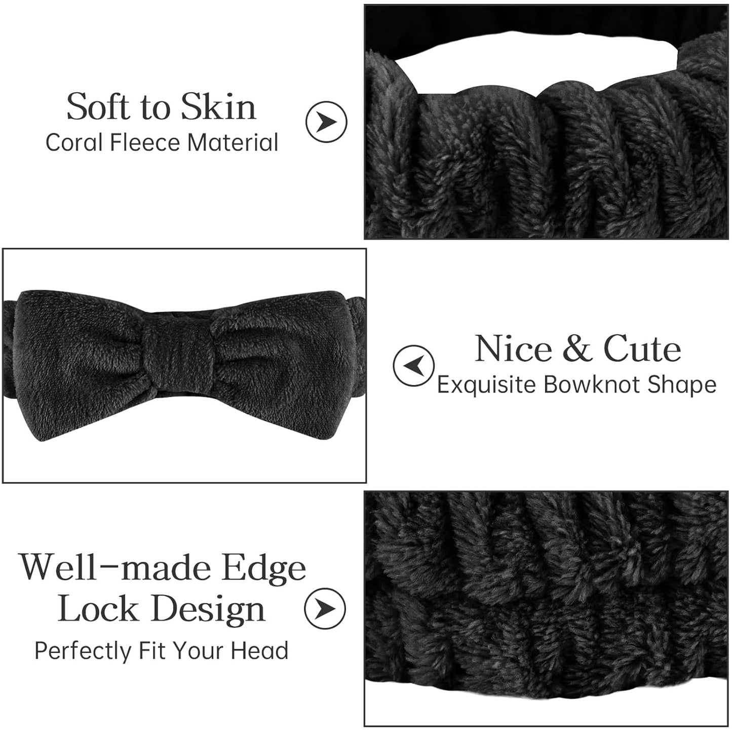 Casoty 6 Pcs Black Spa Headband, Bow Hair Band, Hair Band for Washing Face, Fuzzy Headbands for Women Girls, Soft Coral Fleece Skincare Headbands for Face Washing Shower Yoga