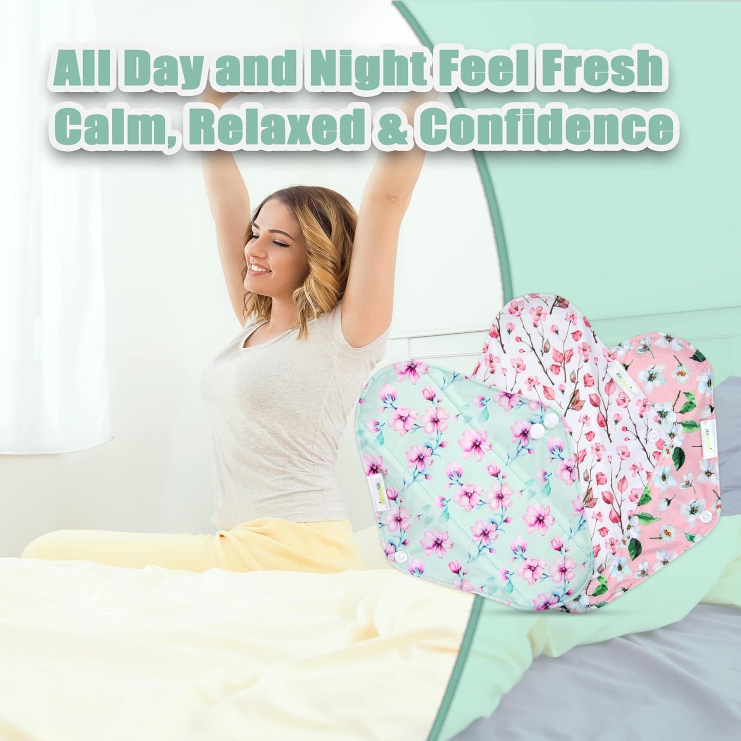 Wegreeco Reusable Menstrual Pads - Soft Cloth Sanitary Pads & Panty Liners - 6 Pack with 1 Cloth Mini Wet Bag (L, Cherry Blossoms)