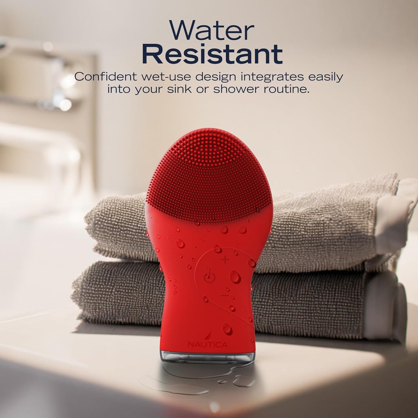 Nautica PC120 Facial Cleansing Brush Made with Ultra-Hygienic Soft Silicone, Waterproof, Rechargeable Vibrating Face Exfoliator Scrub Brush with Sonic Technology for Men & Women - Dancing Red