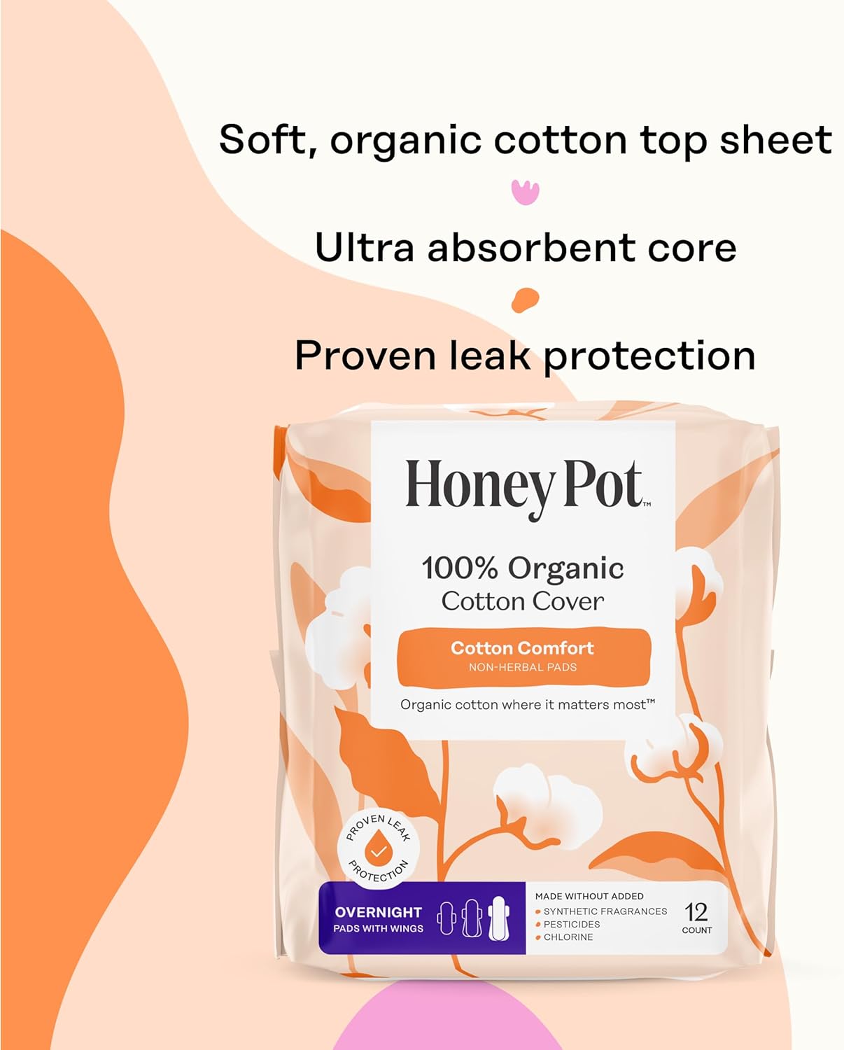 The Honey Pot Company - Sanitary Pads for Women - Non-Herbal Overnight w/Wings - Organic Cotton Cover, & Ultra-Absorbent Pulp Core - Feminine Care - 12 ct