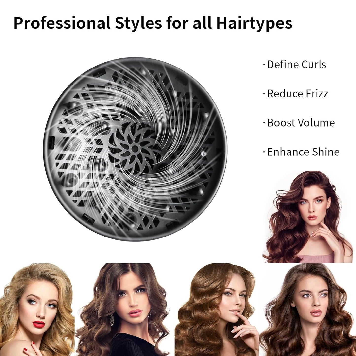 Diffuser Attachment for Hair Dryer Universal, Blow Dryer Nozzle-Specific Hair Diffuser for Curly Hair and Natural Wavy Hair, Suitable for Hair Dryers 1.4in-2.6in (Black)