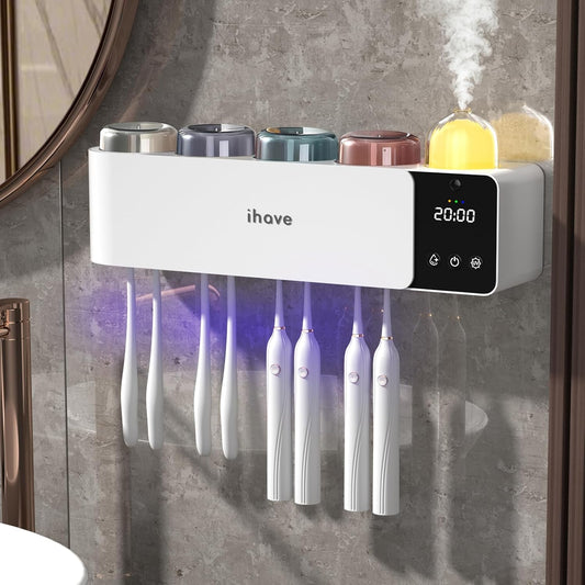 iHave Toothbrush Holders with UV Toothbrush Sanitizer, Aromatherapy Diffuser & IR Night Light - 4-Hour Smart Cruise Disinfection, Auxiliary Combo Drying - Wall-Mounted Bathroom Organizer with 4 Cups