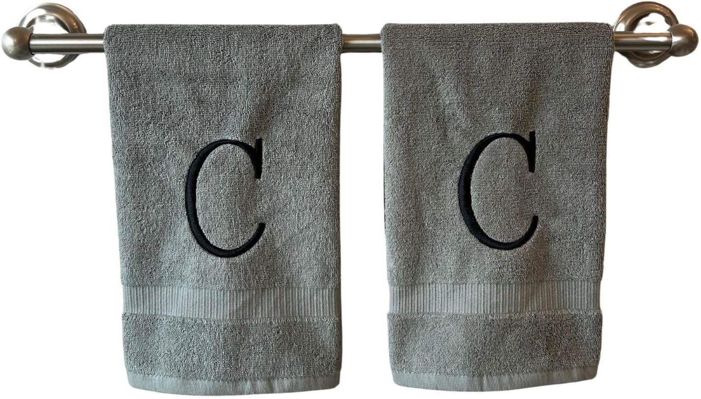 Gray Initial Hand Towel for Bathroom - Monogrammed Luxury Hotel Quality Decorative Embroidered Towel for Powder Room, Spa - GOTS Organic Certified - Set of 2 Black Letter C