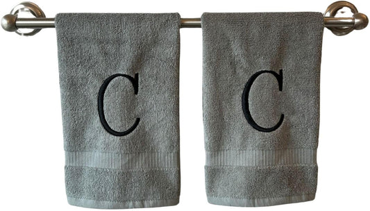 Gray Initial Hand Towel for Bathroom - Monogrammed Luxury Hotel Quality Decorative Embroidered Towel for Powder Room, Spa - GOTS Organic Certified - Set of 2 Black Letter C