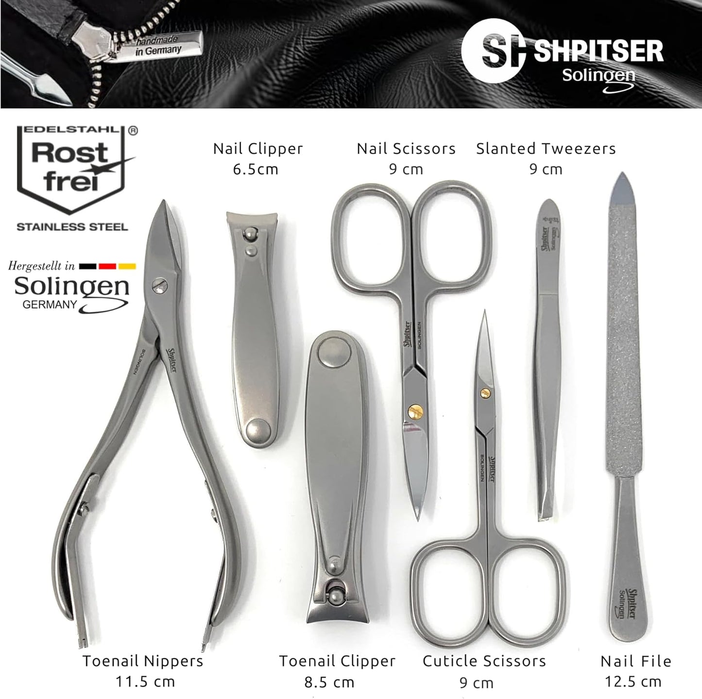 SHPITSER Professional 7pc TopInox Surgical Stainless Steel Tools Manicure Pedicure Set in Genuine Durable Leather Case Handmade in Solingen Germany for Nail and Cuticle Care