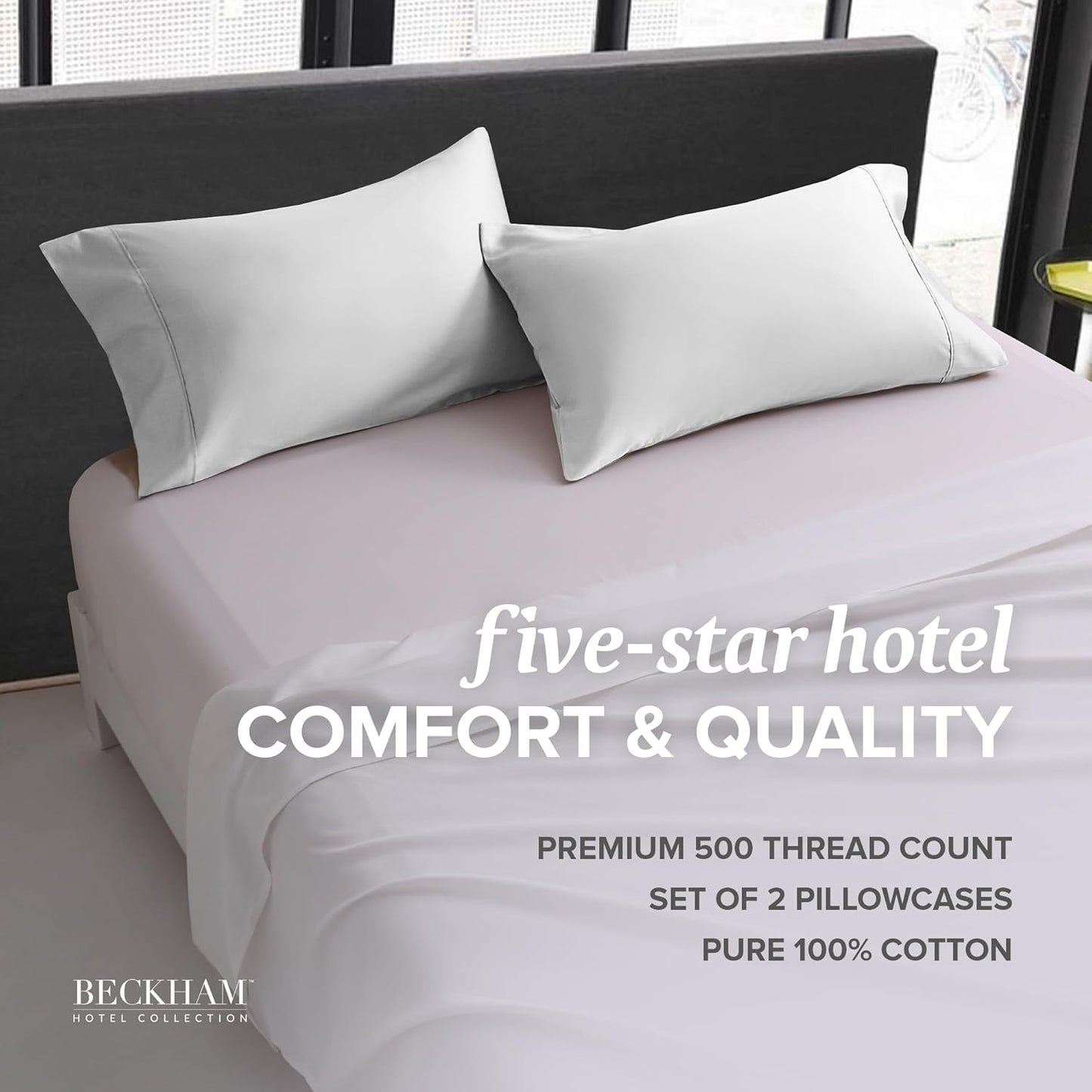 Beckham Hotel Collection Bed Pillowcases King Size Set of 2, 500TC 100% Cotton, Luxury Sateen Bedding, Open End, Breathable, Moisture-Wicking, White