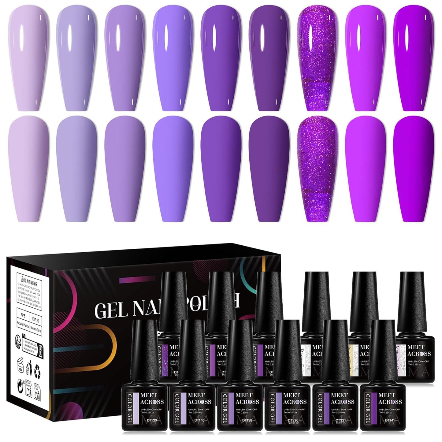 MEET ACROSS 9 Colors Gel Nail Polish + 3PCS Function Gel Nail Polish Kit,Fashion Nail Art Set Design Gifts for Women Manicure Salon (SET10, 12pcs)