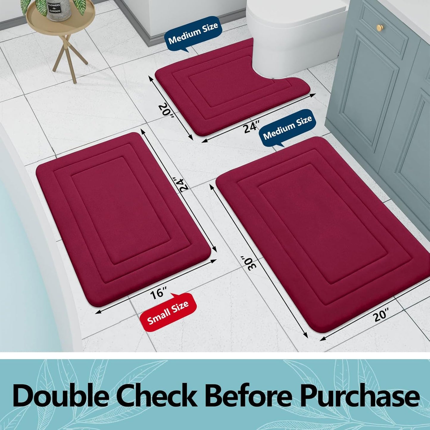 Arotive Memory Foam Bathroom Rug Mat 30x20, Ultra Soft and Absorbent Bath Mat, Machine Wash Dry, Comfortable Bath Rug Carpet for Bathroom Floor, Tub and Shower, Burgundy