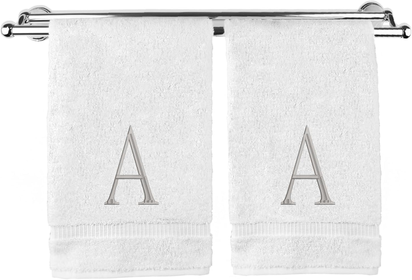 Monogrammed Hand Towel, Personalized Initial Gift, Extra Absorbent 100% Turkish Cotton - Soft Terry Finish - Set of 2 - Silver Block Initial A - Embroidered on White Towels