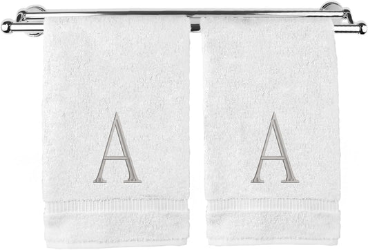 Monogrammed Hand Towel, Personalized Initial Gift, Extra Absorbent 100% Turkish Cotton - Soft Terry Finish - Set of 2 - Silver Block Initial A - Embroidered on White Towels