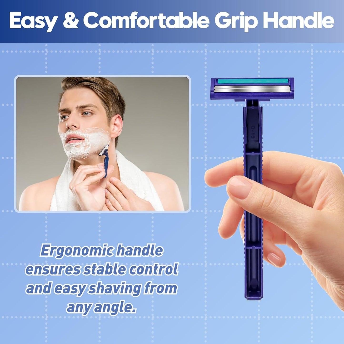 Twin Blade Disposable Razors for Men & Women – 135 Pack Bulk Stainless Steel Shavers with Lubricating Strip & Safety Cap, Non-Slip Handle for Sensitive Skin, Travel, Hotel, Charity (Blue)