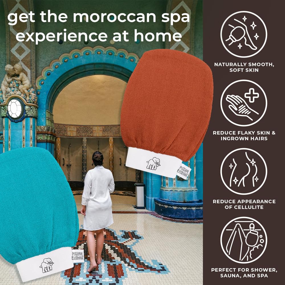 Natural Elephant Exfoliating Hammam Glove - Face and Body Exfoliator Mitt 5 and 10 Packs (3 Orange, 2 Teal (Pack of 5))