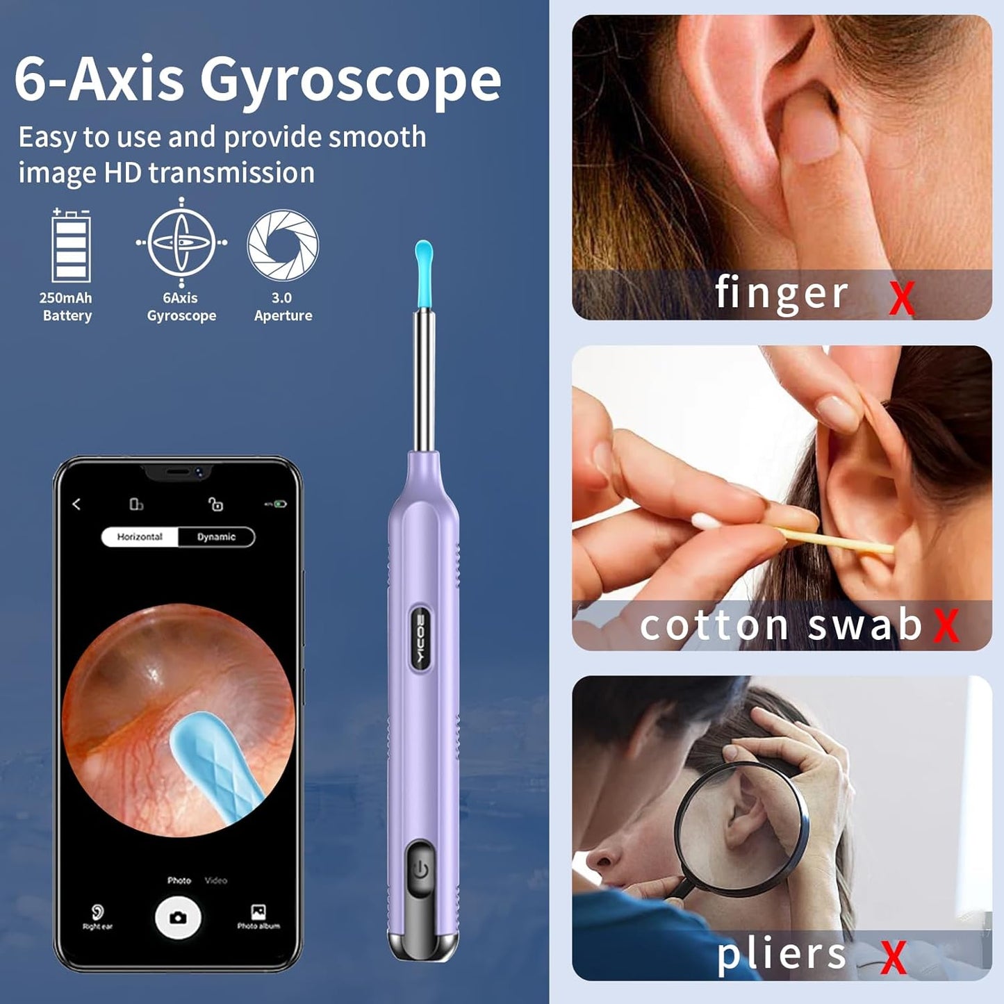 Ear Wax Removal Tool Camera, Ear Cleaner with Camera, 1200P HD Ear Camera with 6 LED Light, Ear Cleaning Kit with 15 Pcs Replacement Tips for iPhone & Android Phones Purple