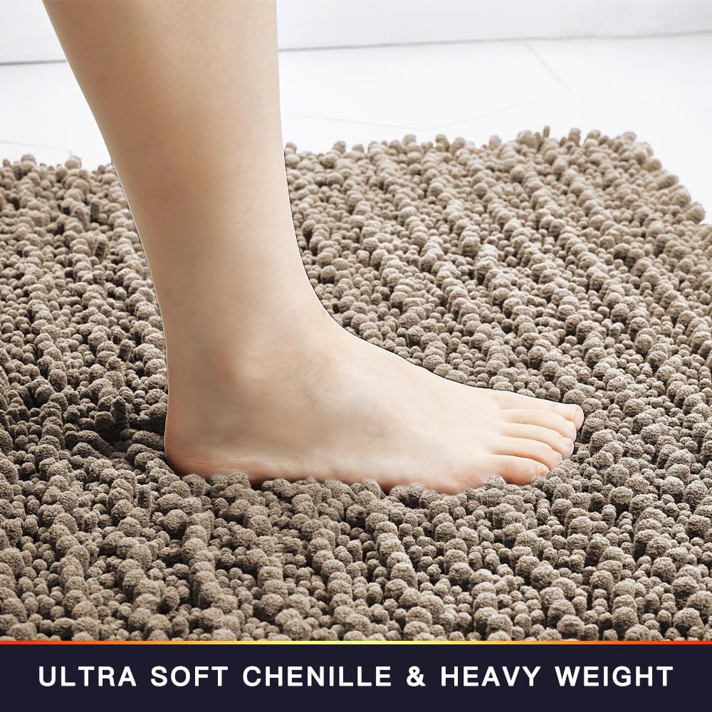 Walensee Bathroom Rug Non Slip Bath Mat (36x24 Inch Taupe) Water Absorbent Super Soft Shaggy Chenille Machine Washable Dry Extra Thick Perfect Absorbant Best Large Plush Carpet for Shower Floor