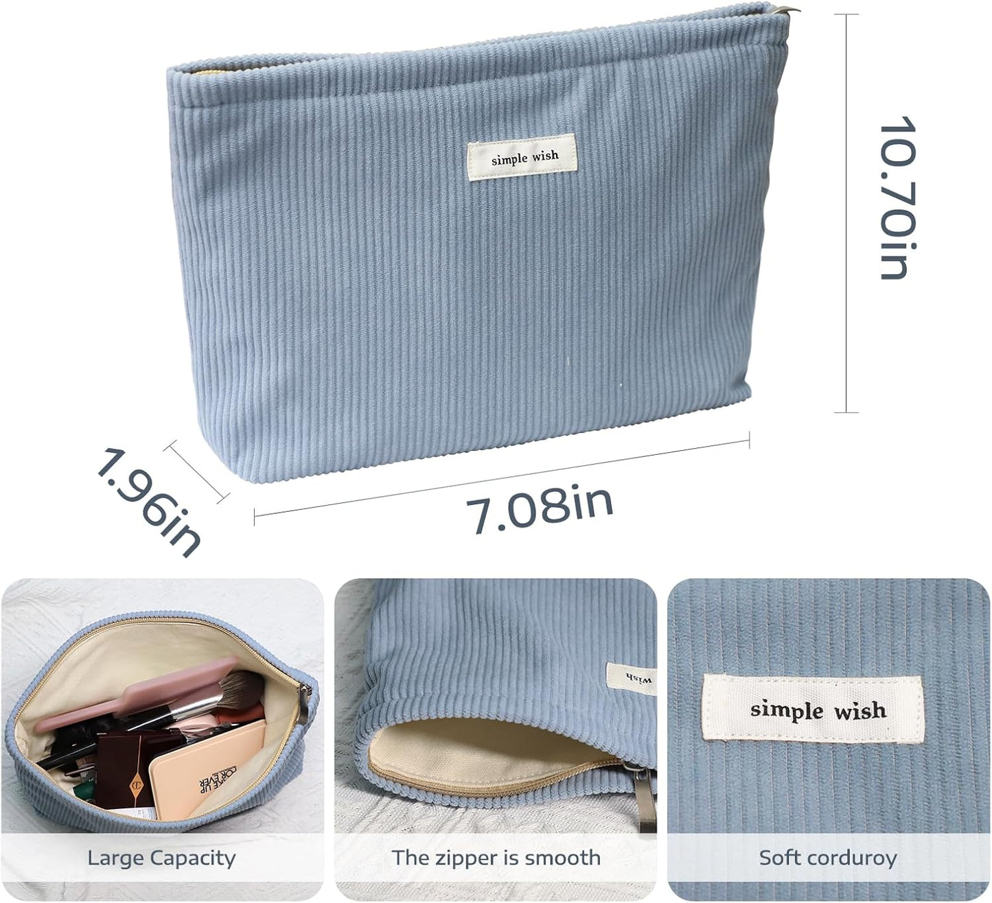 Wudygirl Makeup Bag Portable Cosmetic Bag Travel Makeup Pouch for Women and Girls Large Capacity Corduroy Travel Toiletry Bag (Light Blue)