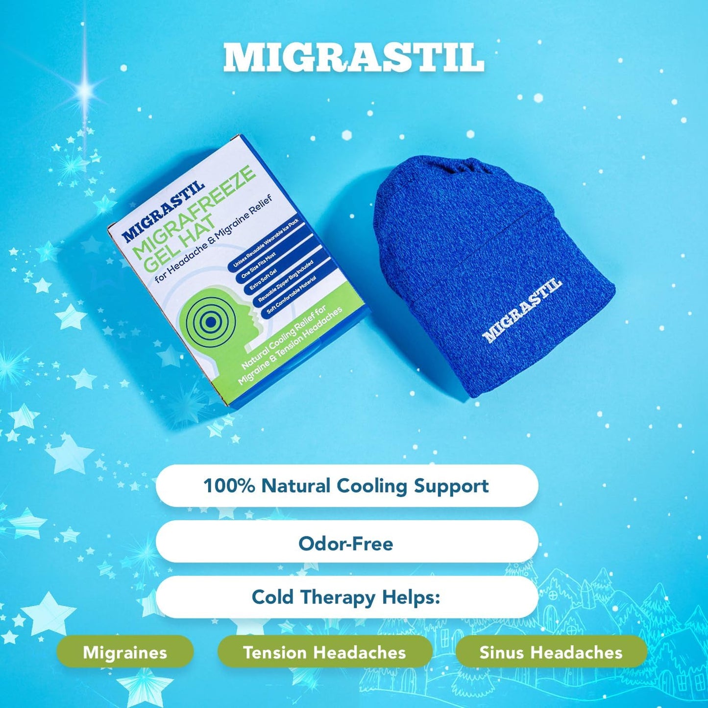 Migrastil MigraFreeze Deluxe Headache & Migraine Hat. Soft, Flexible Cooling Gel Cap for Men & Women. Form Fitting Ice Pack and Head Wrap with Zippered Storage Bag. Comfortable, No-Pain Design.