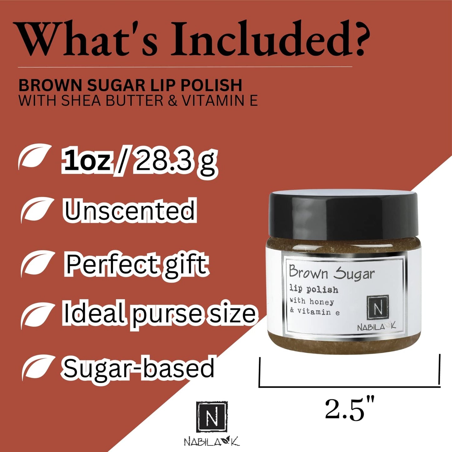 Brown Sugar Lip Polish, 1 oz by Nabila K - Hydrating Lip Exfoliator & Moisturizer with Honey and Vitamin E for Dry and Chapped Lips - Cruelty-Free, Real Sugar, Made in USA