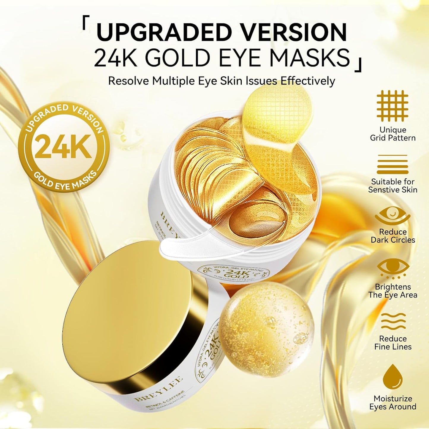 BREYLEE 24K Gold Eye Masks - 60 Pcs, Retinol & Caffeine Under Eye Patches for Reduce Fine Lines & Wrinkles, Puffy Eyes and Dark Circles Treatments, Improve and Firm Eye Skin