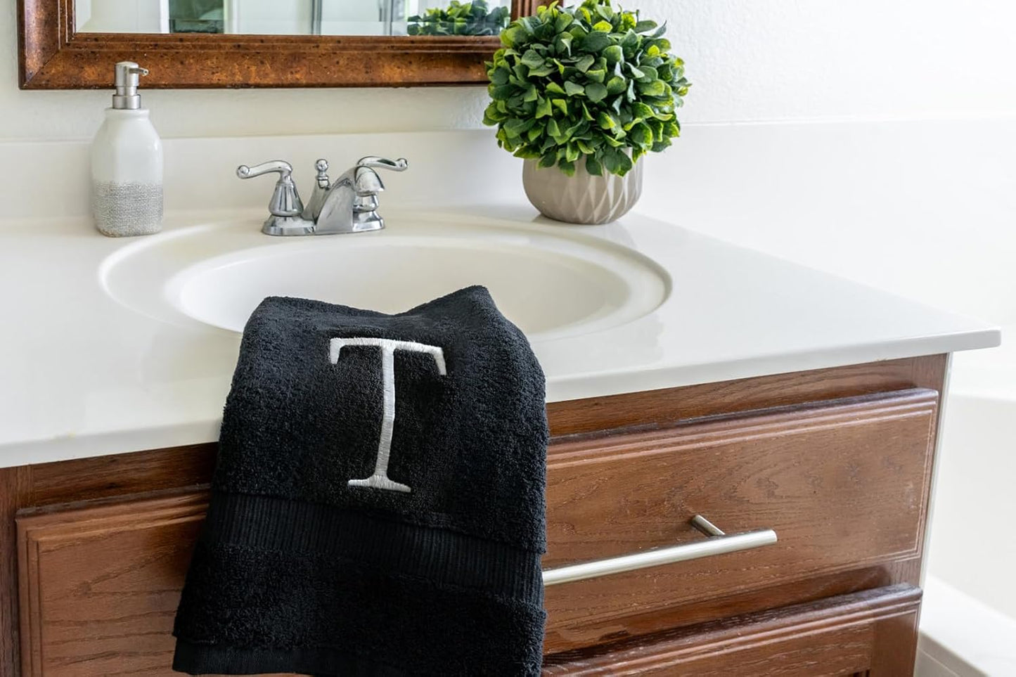 Black and White Bathroom Hand Towel - Monogrammed Luxury Hotel Quality Decorative Embroidered Towel for Powder Room, Spa - GOTS Organic Certified - Pack of 2, Letter T