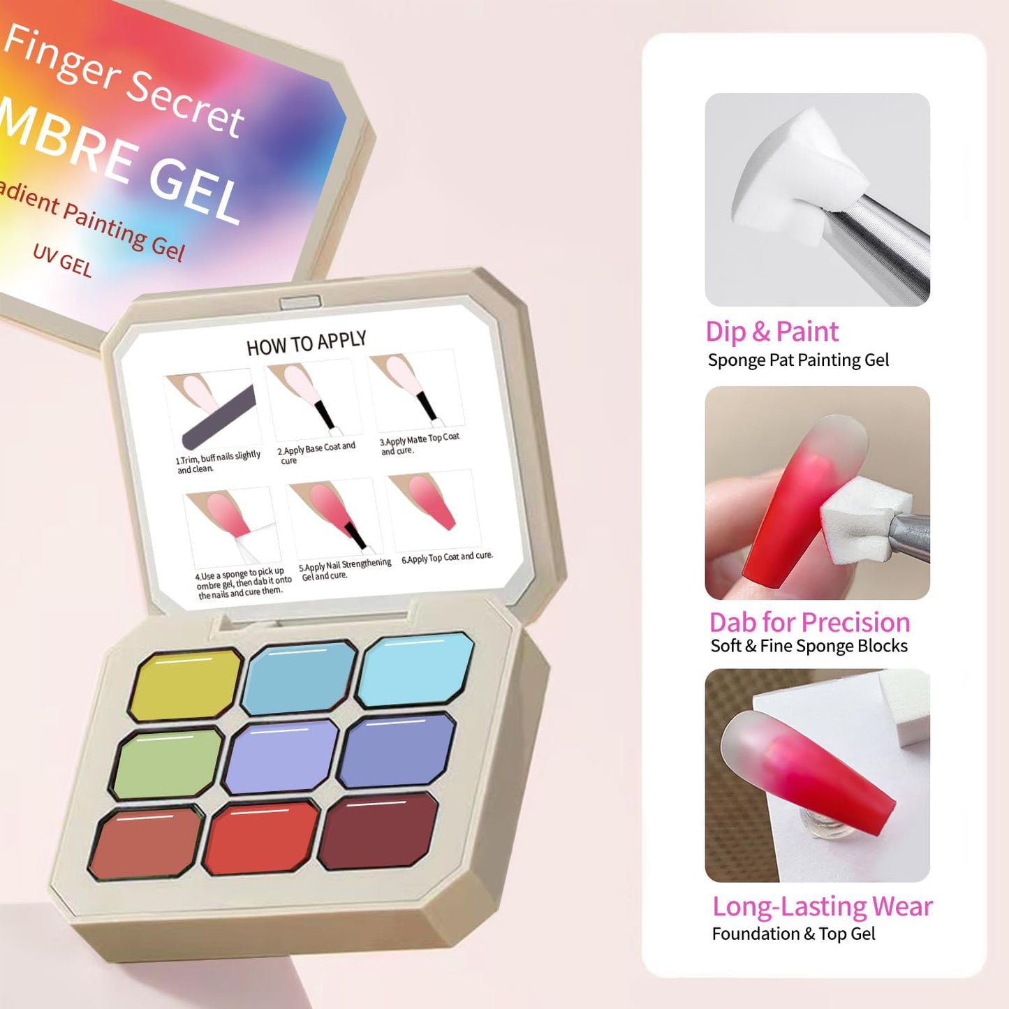 Professional Painting Gel, 9 Colors Ombre Gel Nail Polish With 100PCS Nail Sponges & Grabbing Pen ,Soft And Easy To Shoot For Acrylic And Natural Nails ,French Manicure DIY Nail Art (6)