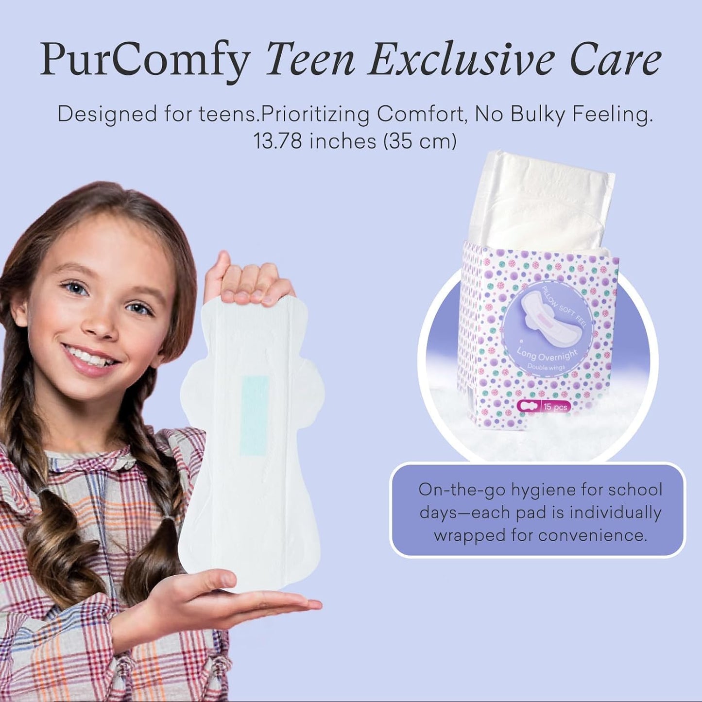 Teens Maxi Period Pads with Wings for Tweens, Organic Cotton Sanitary Pads for Teens Girls 9-14, Long Overnight Size, 90 CT