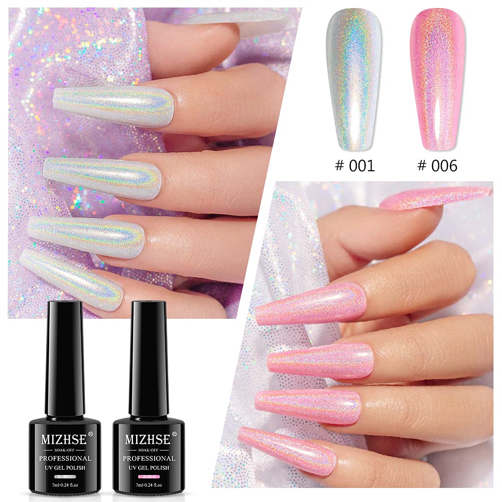 MIZHSE 8 Colors Holographic Gel Nail Polish, Laser Iridescent Gel Polish Set, Chrome Rainbow Shimmer Glitter Nail Gel, Sparkly Shiny Gel Polish Silver Pink Nail Art Salon at Home Women Gift