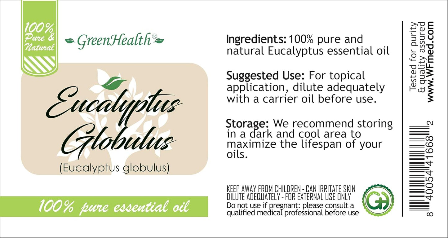GreenHealth Eucalyptus Essential Oil – 8 fl oz (237 ml) – 100% Pure & Natural – Aromatherapy Oil in Aluminum Bottle with Plug Cap – for Diffuser, Cleaning, Home Fragrance, DIY Use