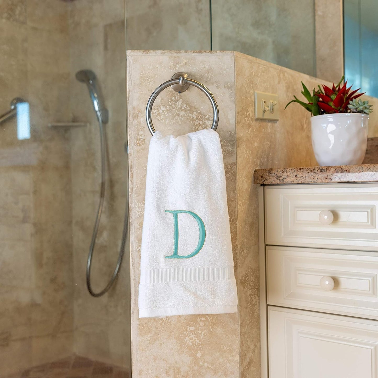 Teal Luxury Hand Towel for Bathroom - Monogrammed Initial Hotel Quality Decorative Embroidered Towel for Powder Room, Spa - GOTS Organic Certified - Set of 2 Letter D