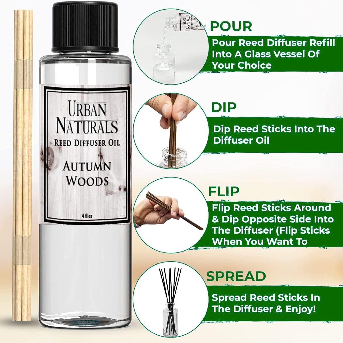 Urban Naturals Reed Diffuser Oil Refill Autumn Woods, Fall Leaves, Cedarwood, Apple Bark, 4 oz + Free Reed Sticks, Made in The USA