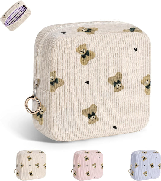 Cute Period Bag for Teen Girls, Bears Corduroy Sanitary Napkin Storage Bag, Menstrual Pad Pouch Tampon Holder for Purse (Khaki)