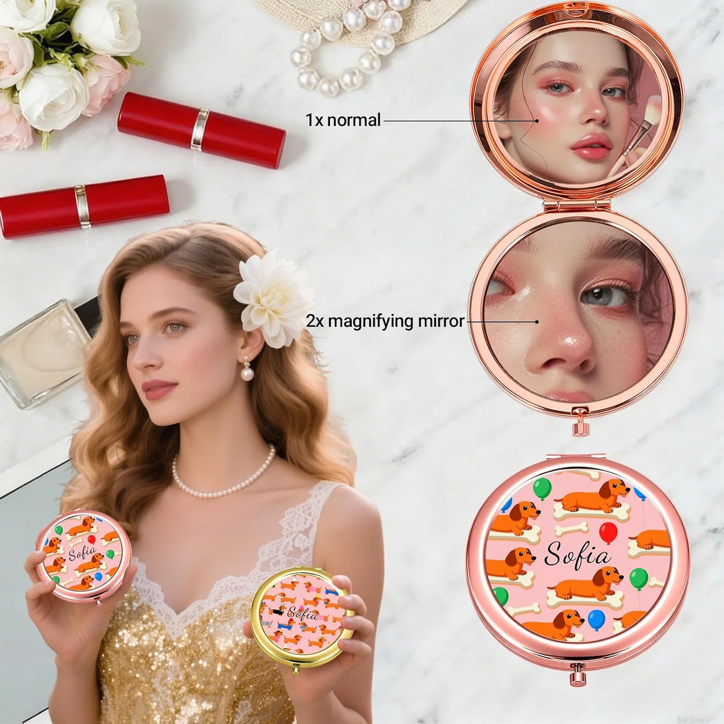 Custom Compact Mirror with Name - Personalized Flip Makeup Travel Pocket Mirror Gift for Women Bridesmaids Wedding Birthday (Dogs)