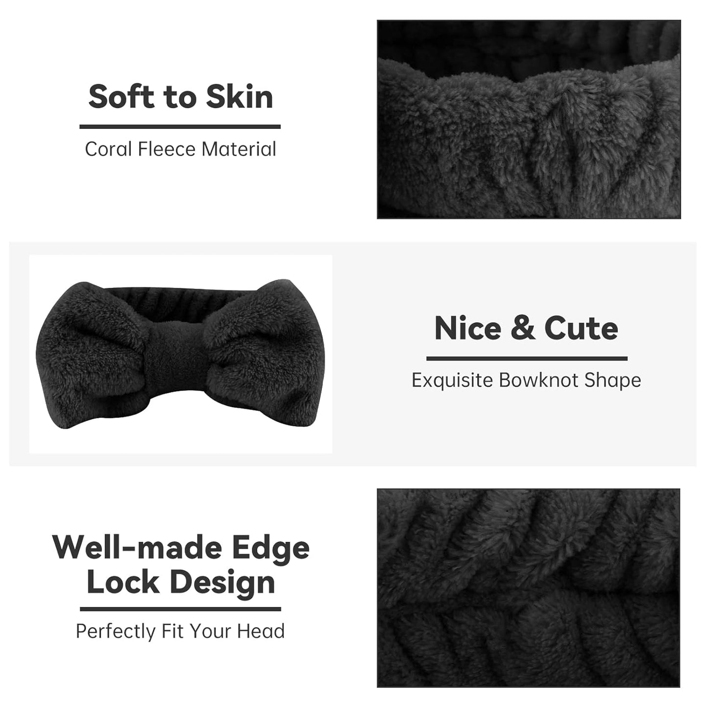 Ondder Black Spa Headband for Women and Girls - Washing Face, Bow Skincare Headbands, Makeup, Shower Hair Accessories